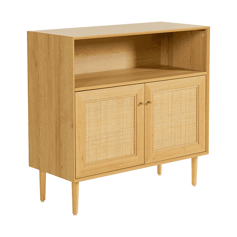 Mobile portaoggetti rustico a due ante color legno con anta in rattan (Y-C43)